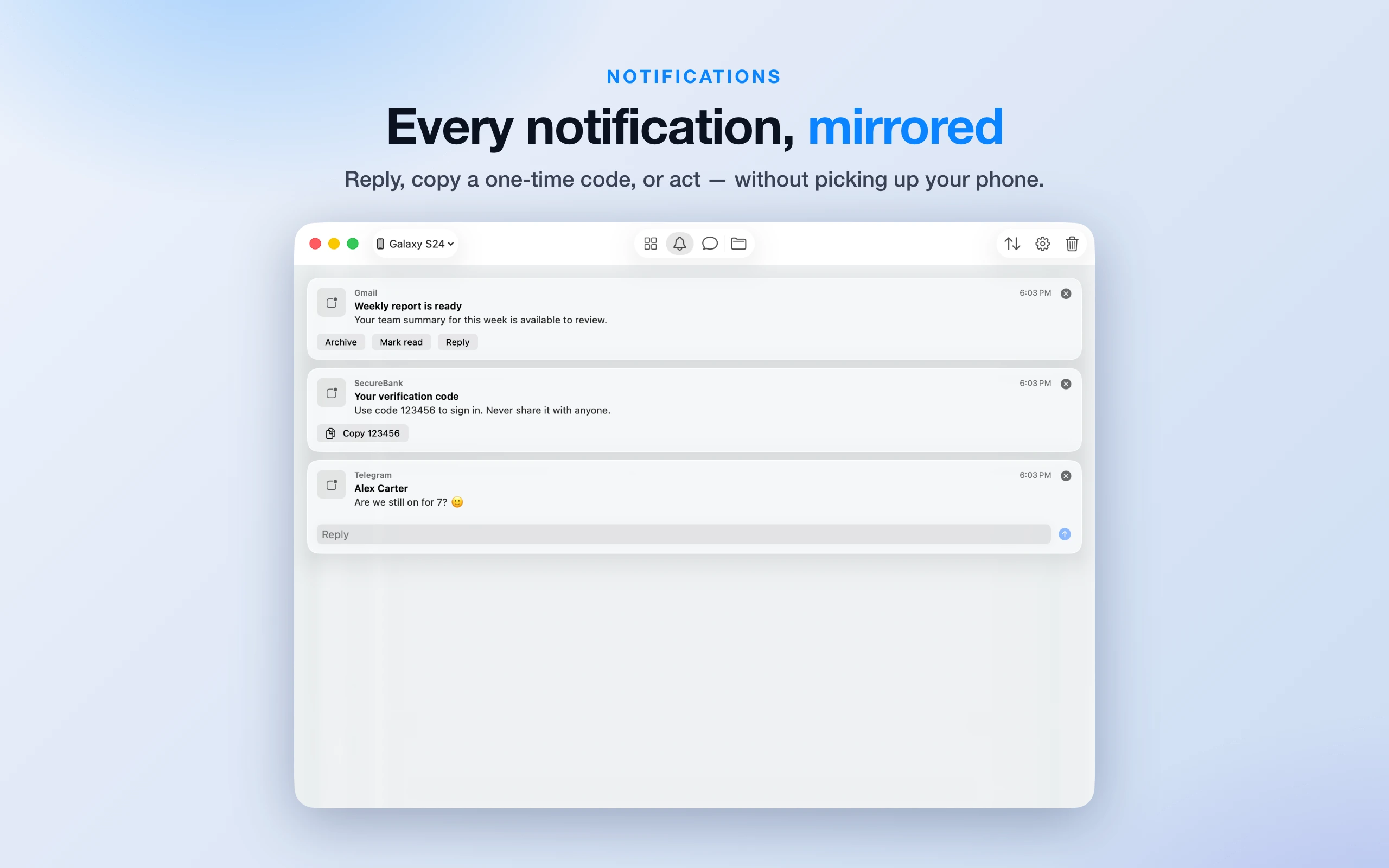 AnSync screenshot showing phone notifications on the Mac