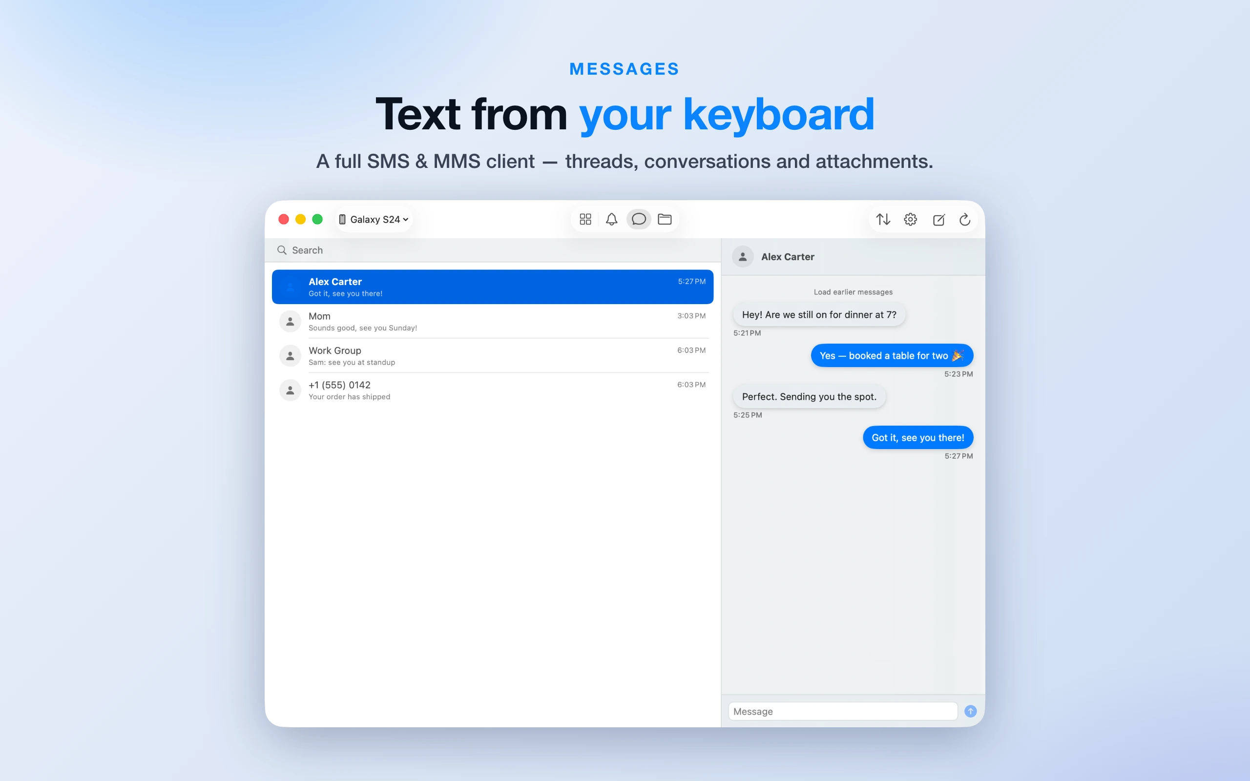 AnSync screenshot showing the SMS and MMS messages client