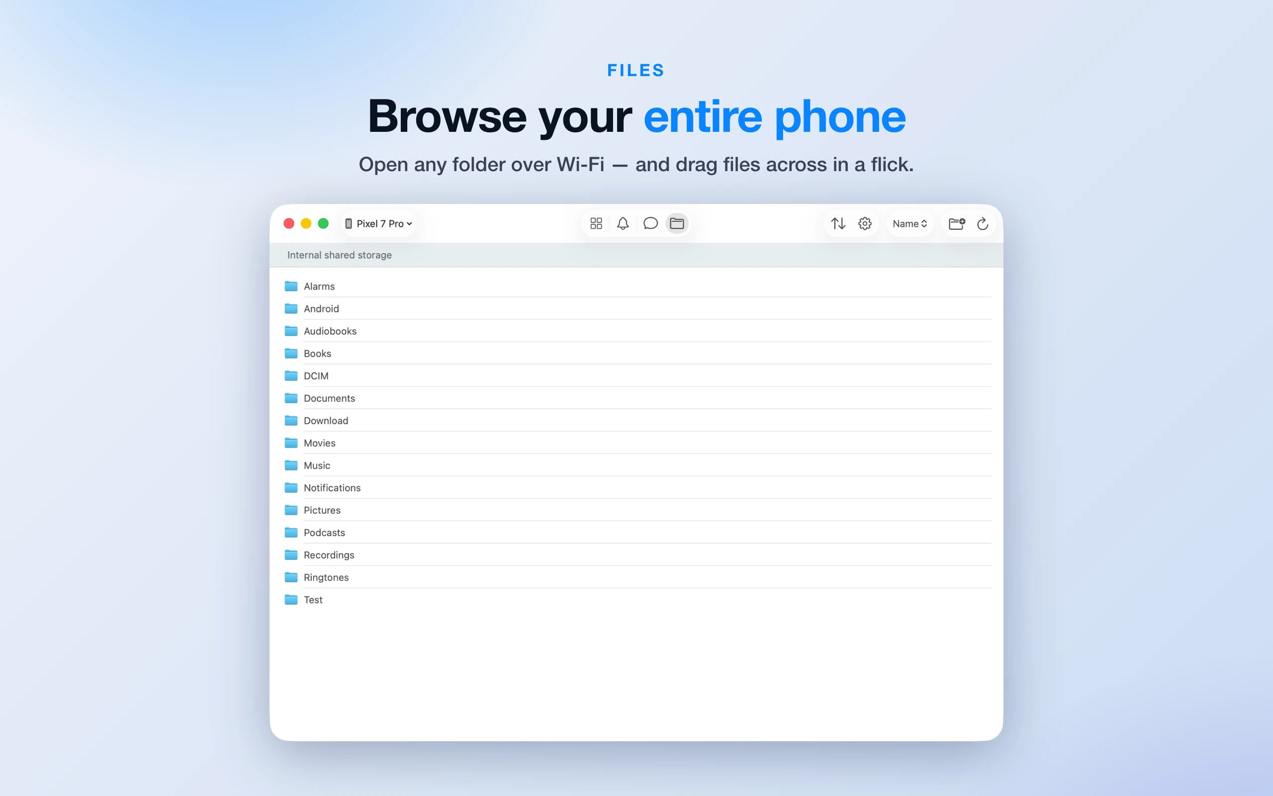 AnSync screenshot showing file transfer and storage browsing