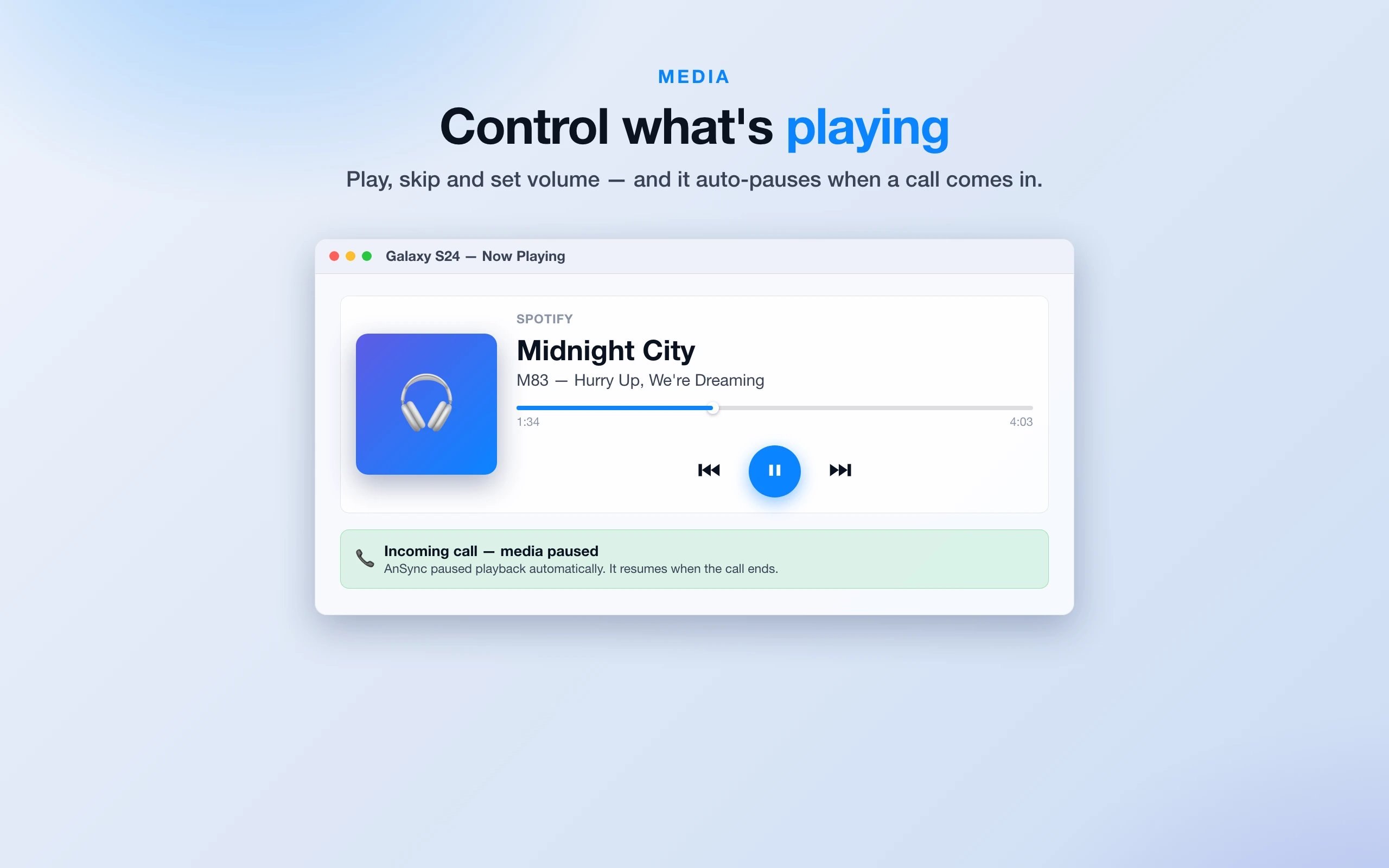 AnSync screenshot showing media playback controls