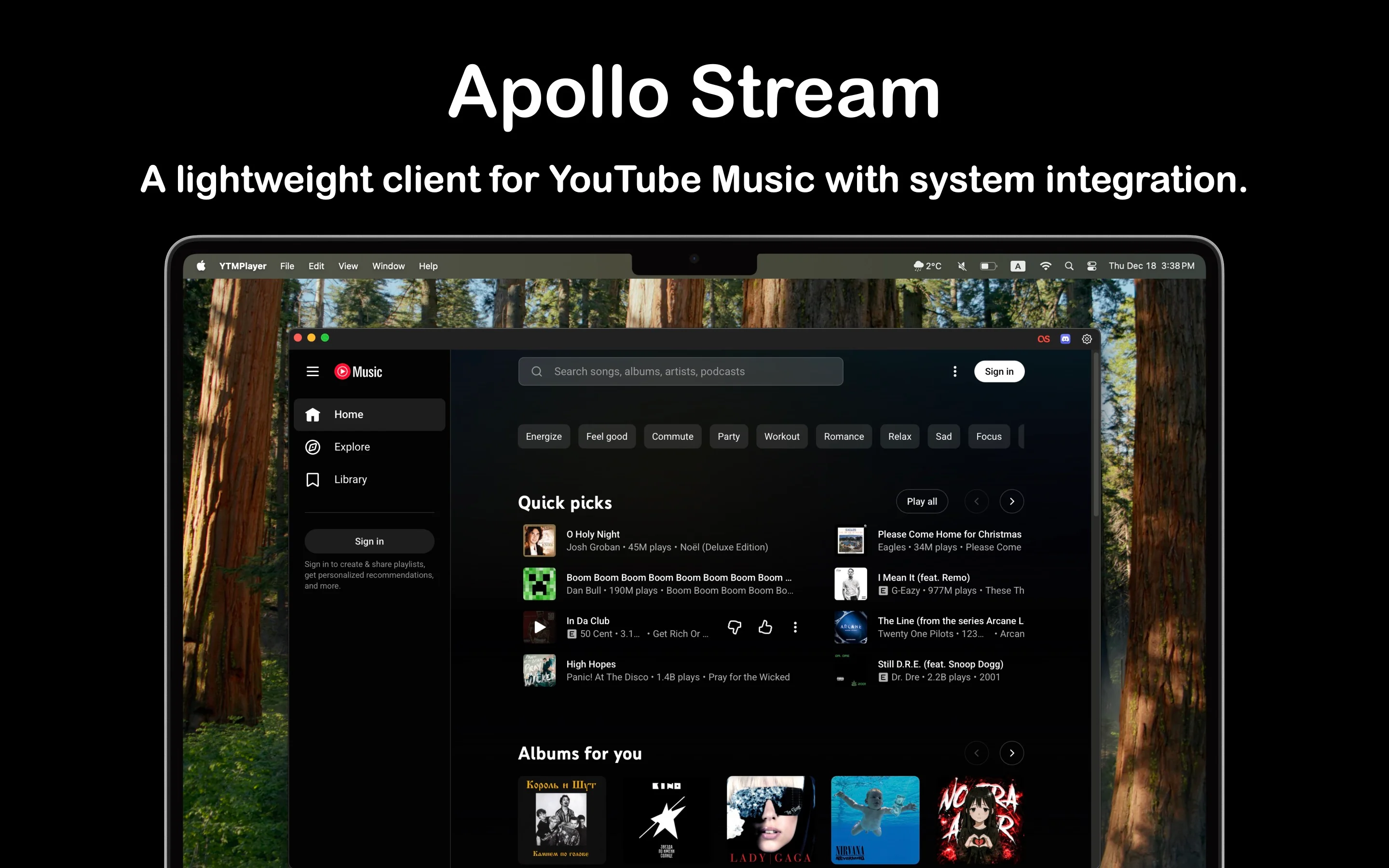 Apollo Stream native macOS interface with YouTube Music