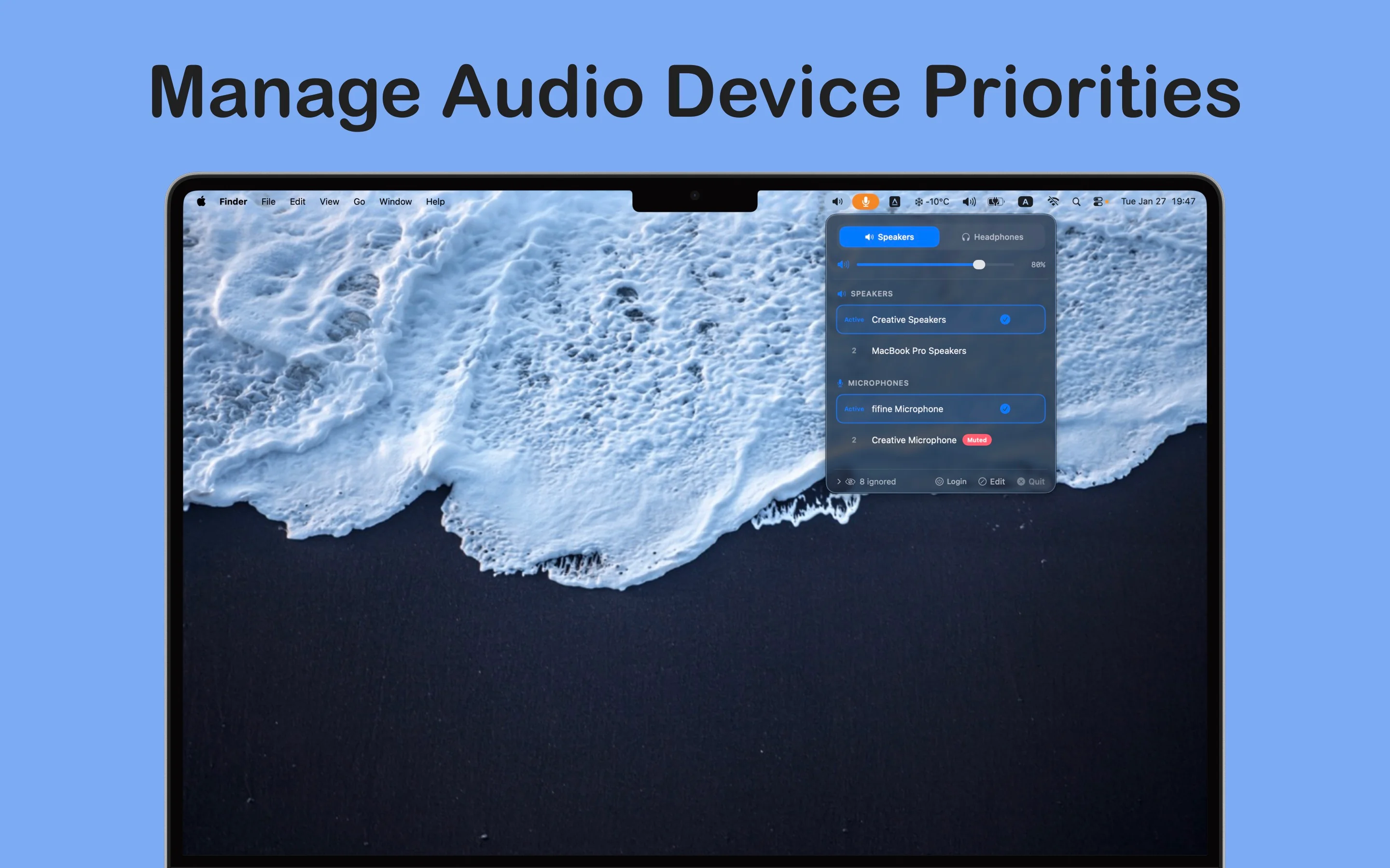 Audio Priority Bar app interface showing device management