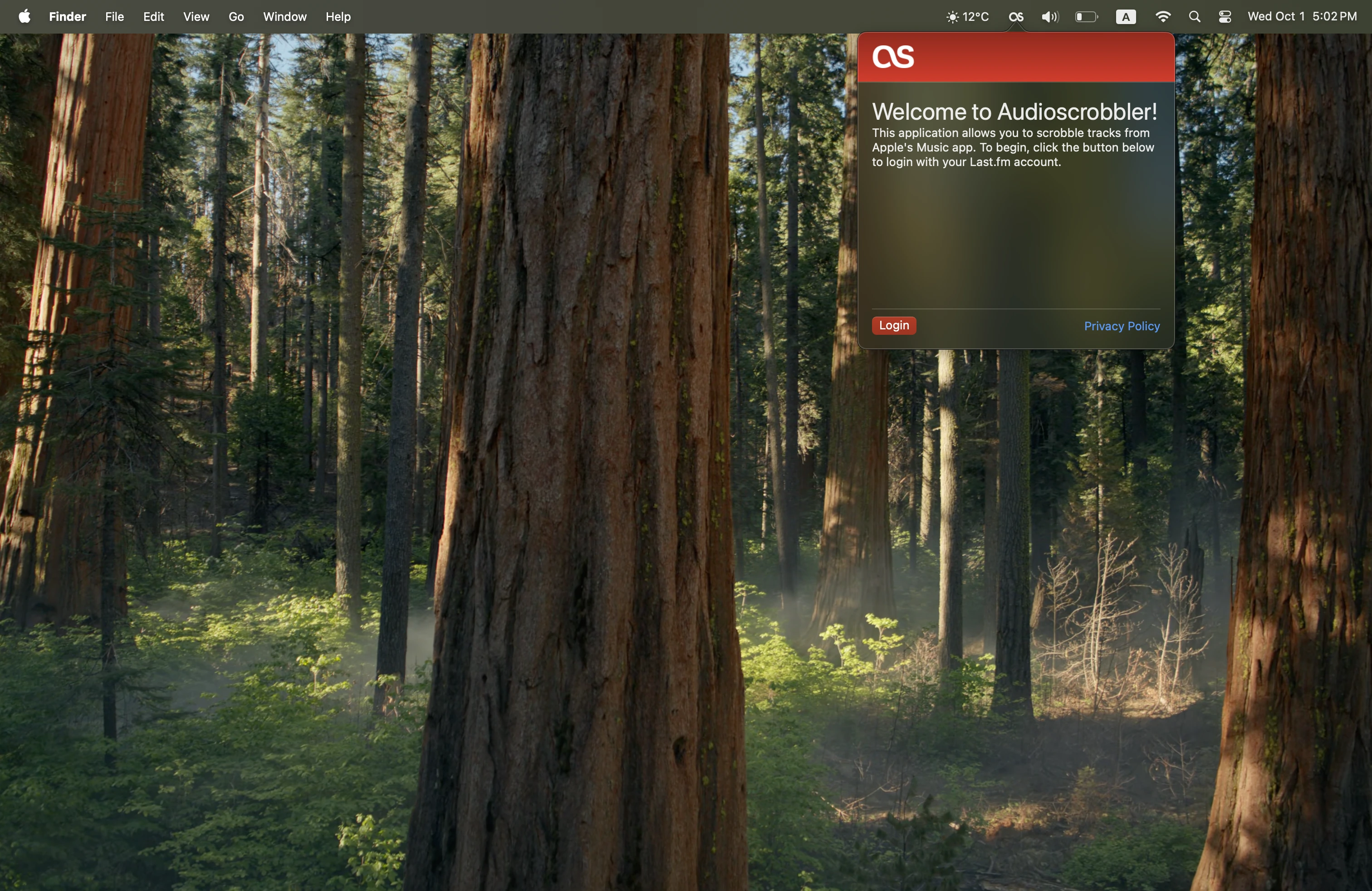 Audioscrobbler app interface showing current track and Last.fm connection