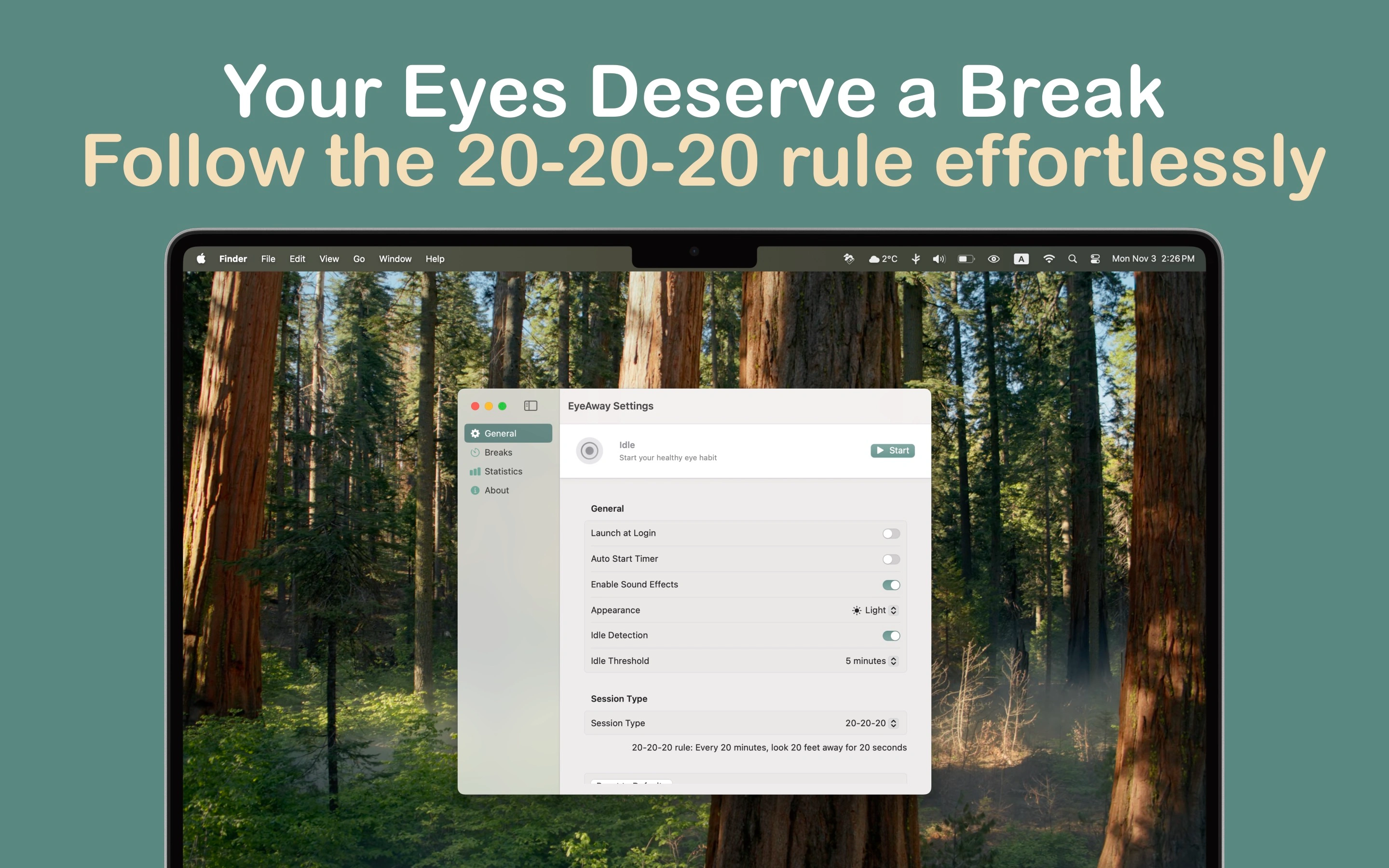 EyeAway app interface showing break timer and 20-20-20 rule settings