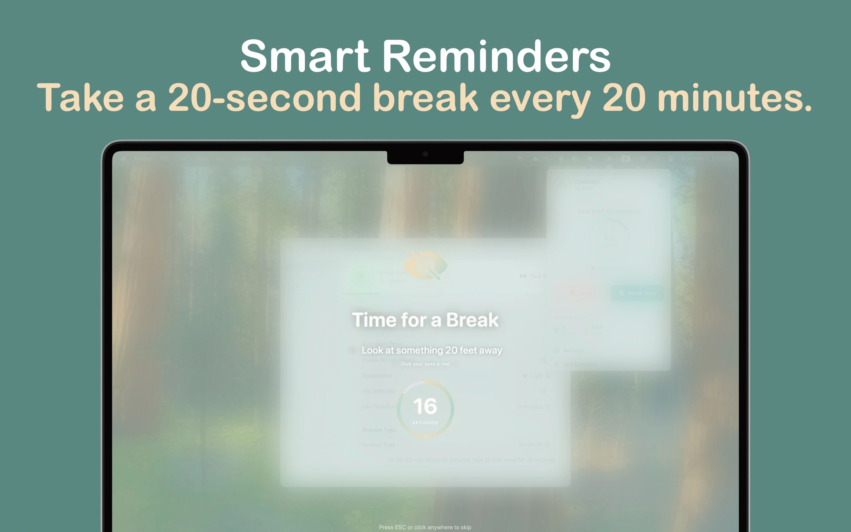 EyeAway displaying screen blur during break with reminder notification