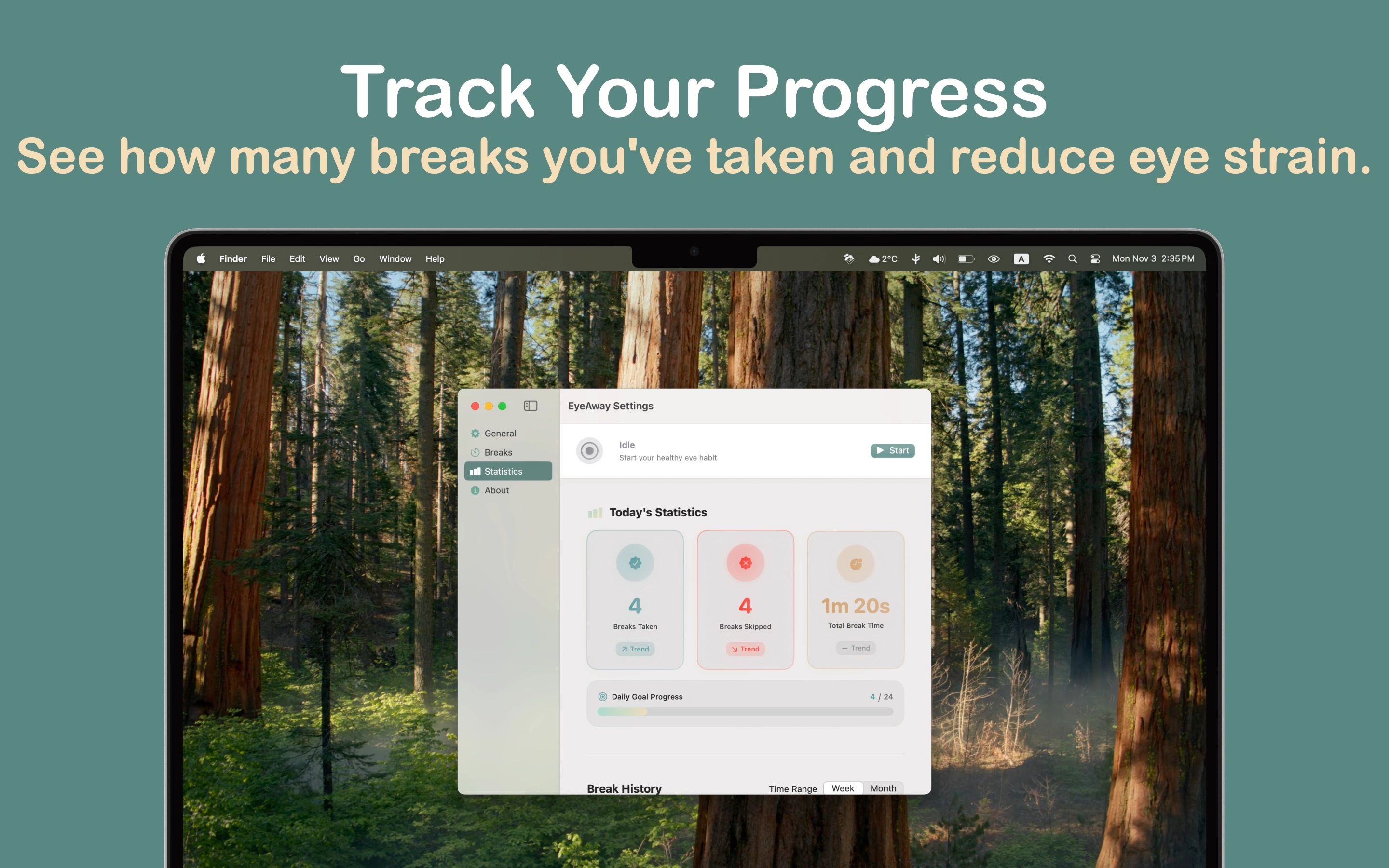 EyeAway analytics dashboard showing break statistics and streak tracking