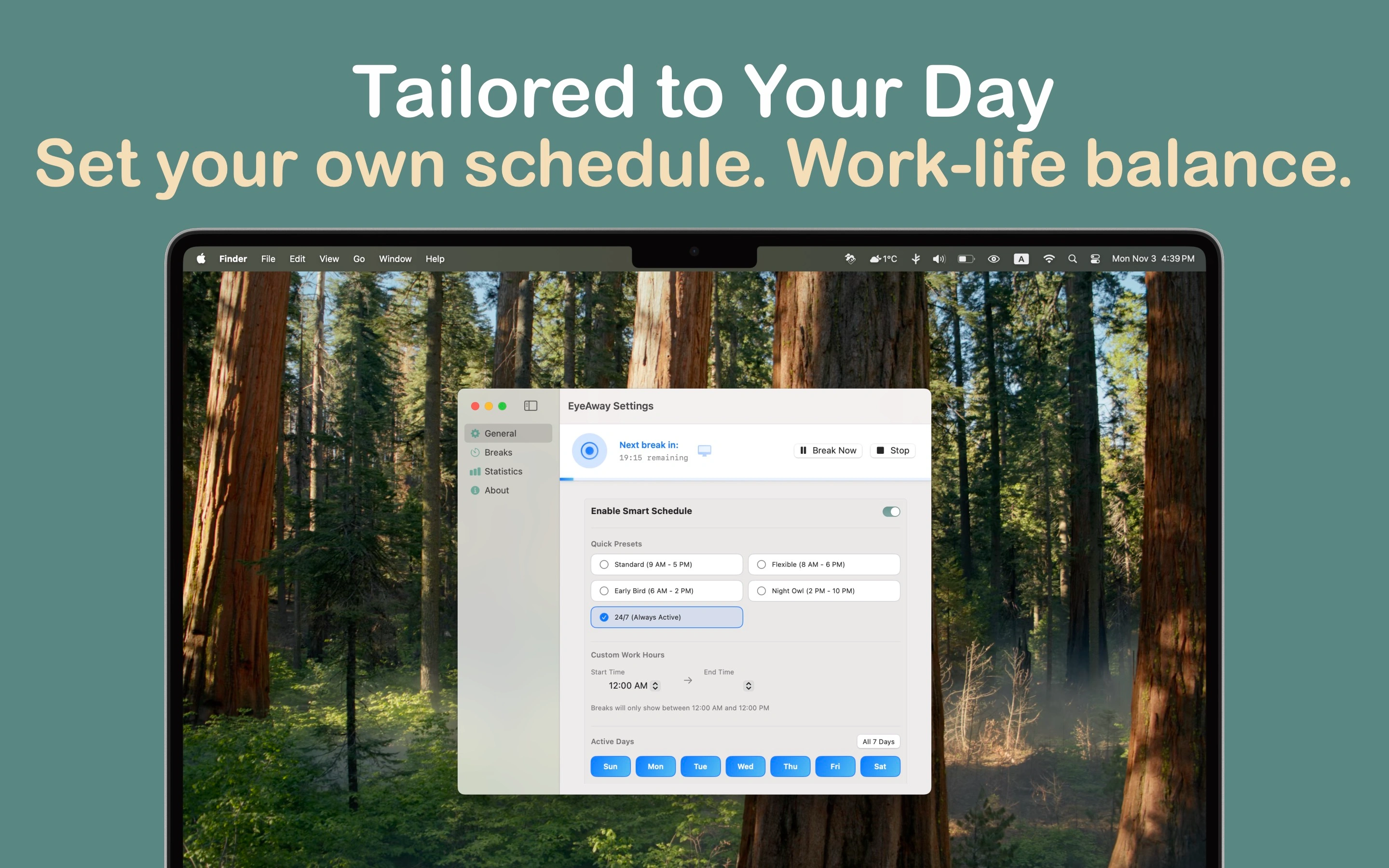EyeAway settings panel with customization options for themes and reminders