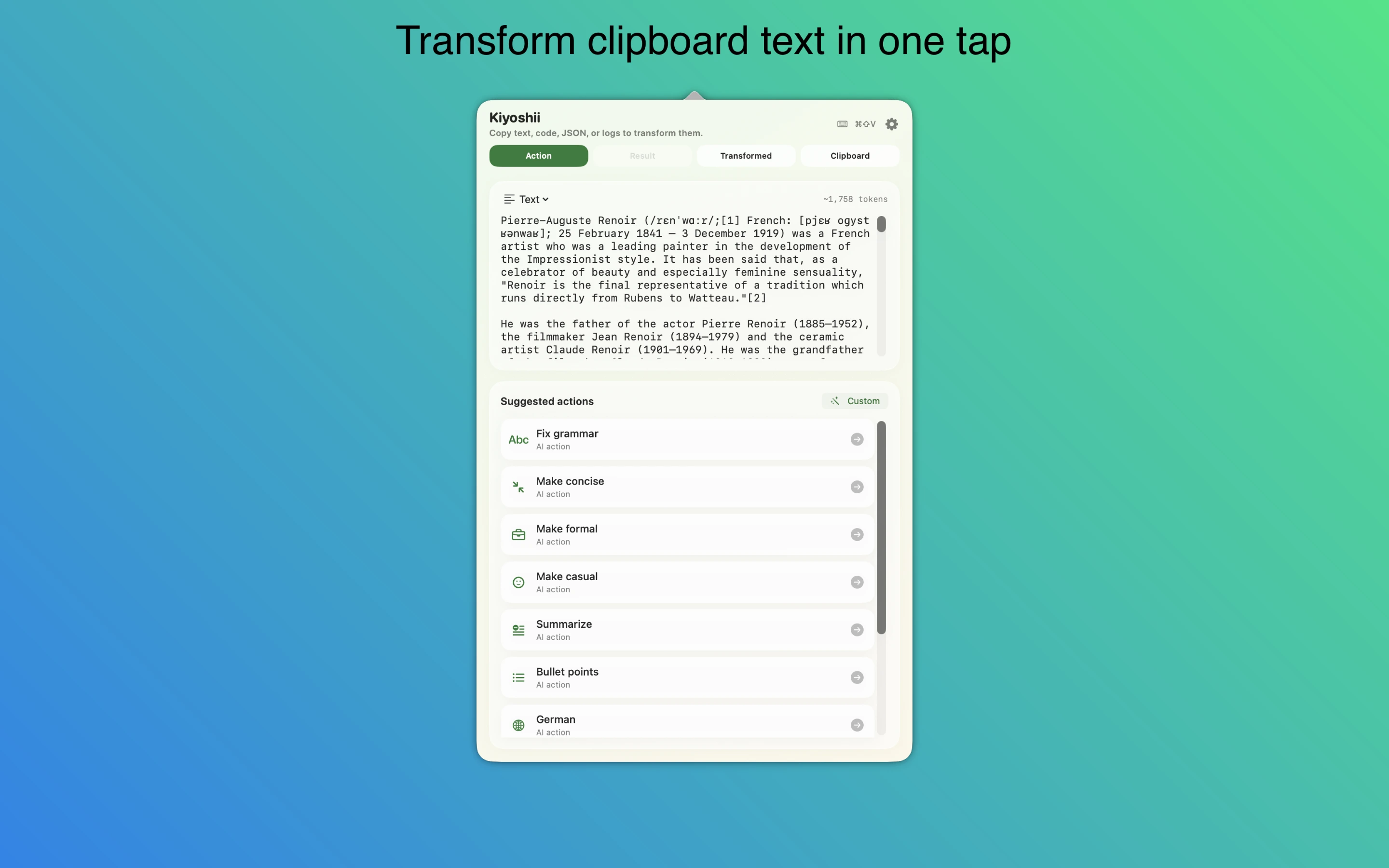 Kiyoshii app interface