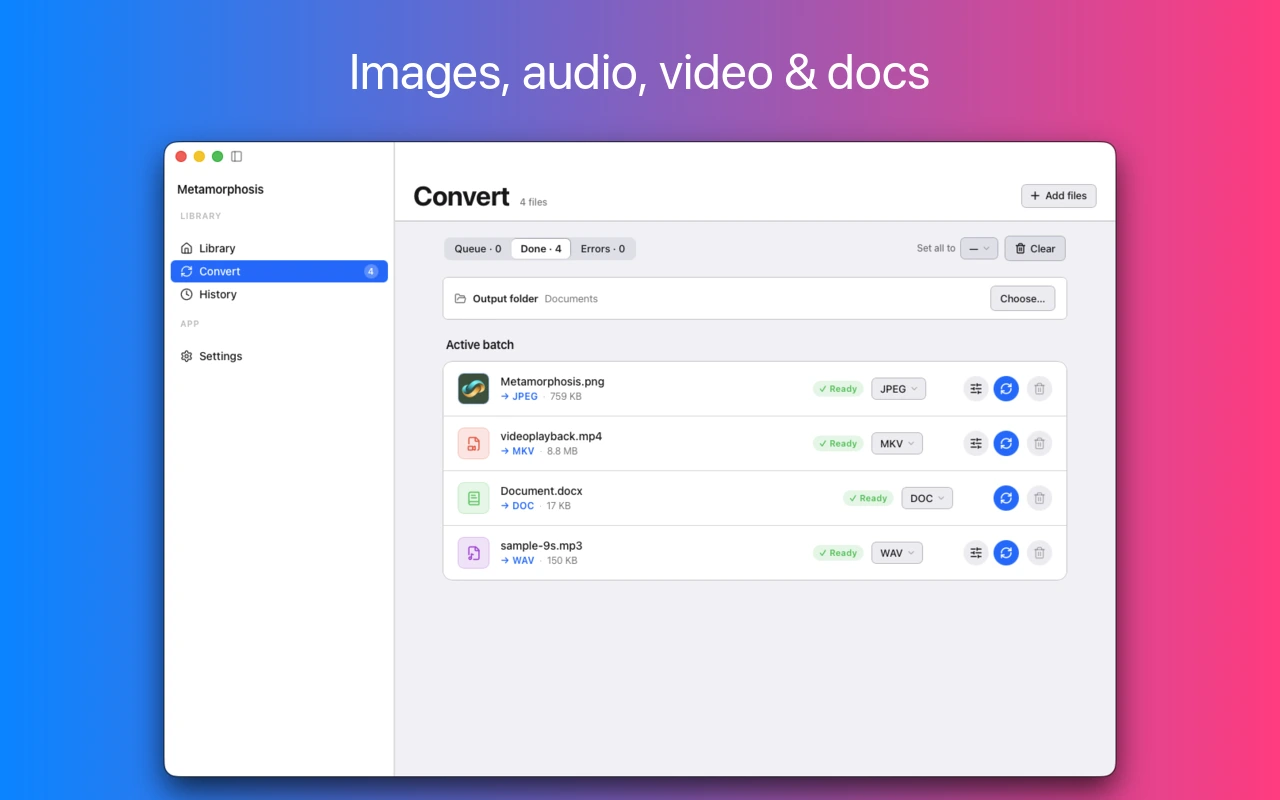 Metamorphosis screenshot showing conversion workflow