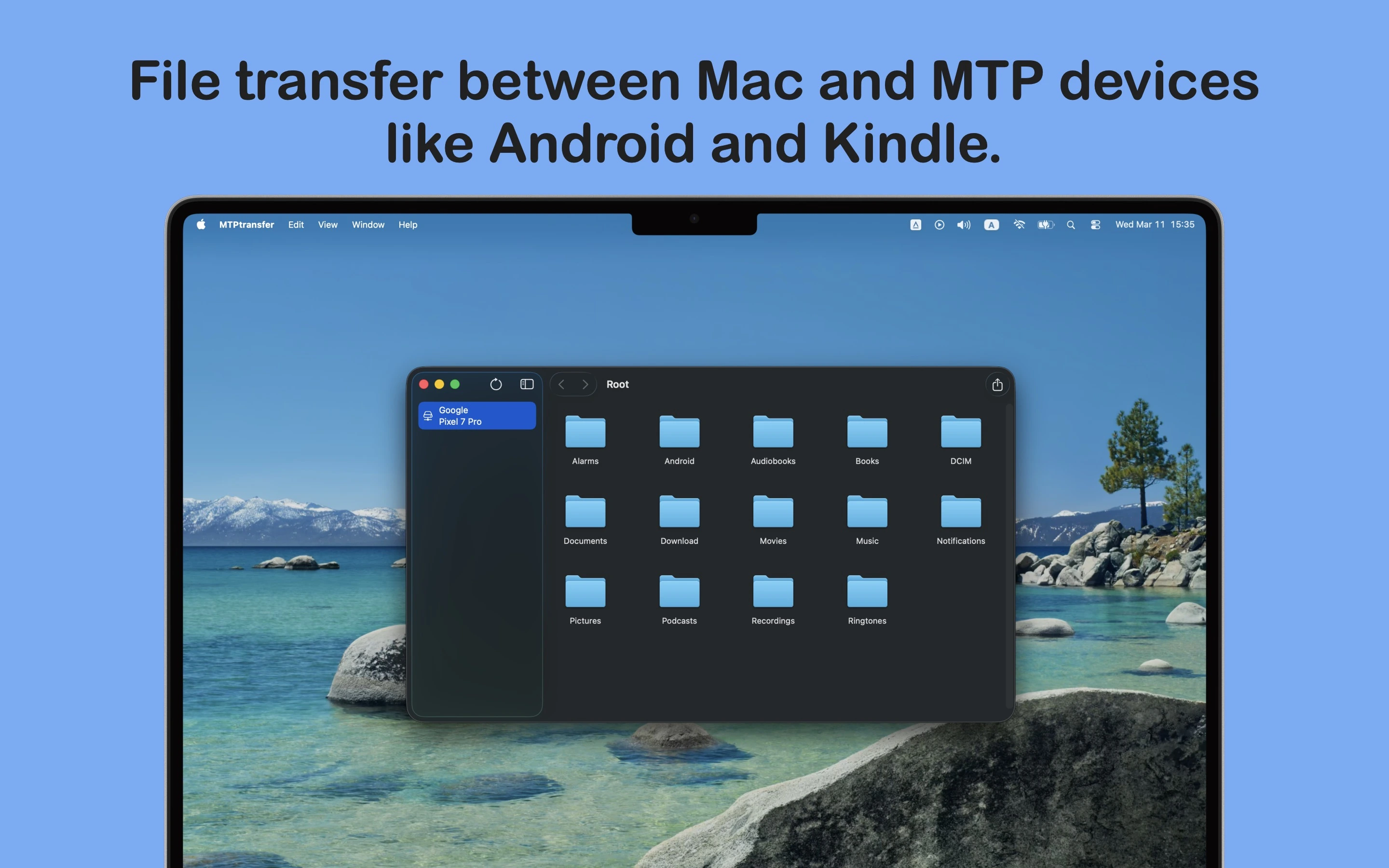 MTPtransfer app screenshot on macOS showing MTP device file browser