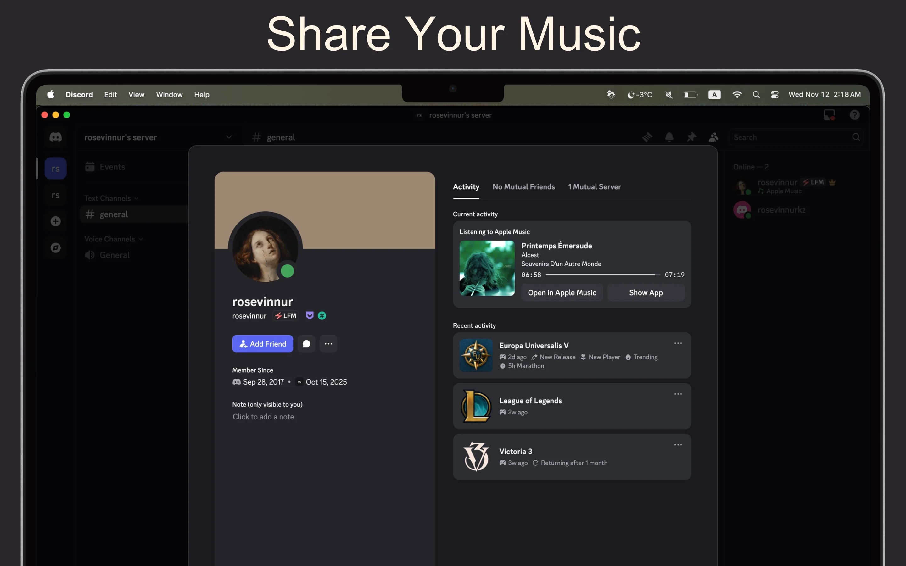 MusicRPC showing Apple Music track displayed in Discord Rich Presence with album artwork