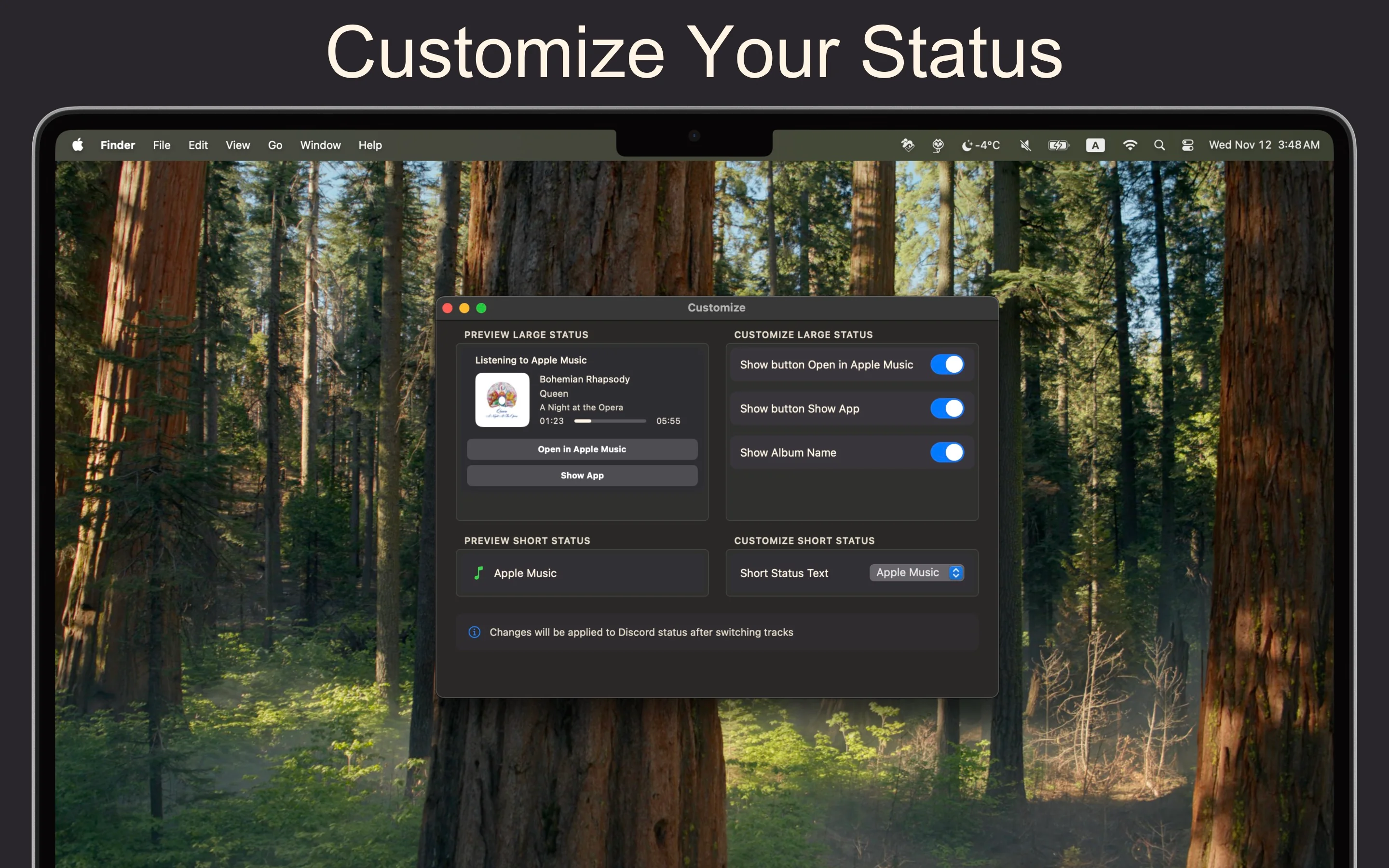 MusicRPC app interface with Discord integration settings and preferences