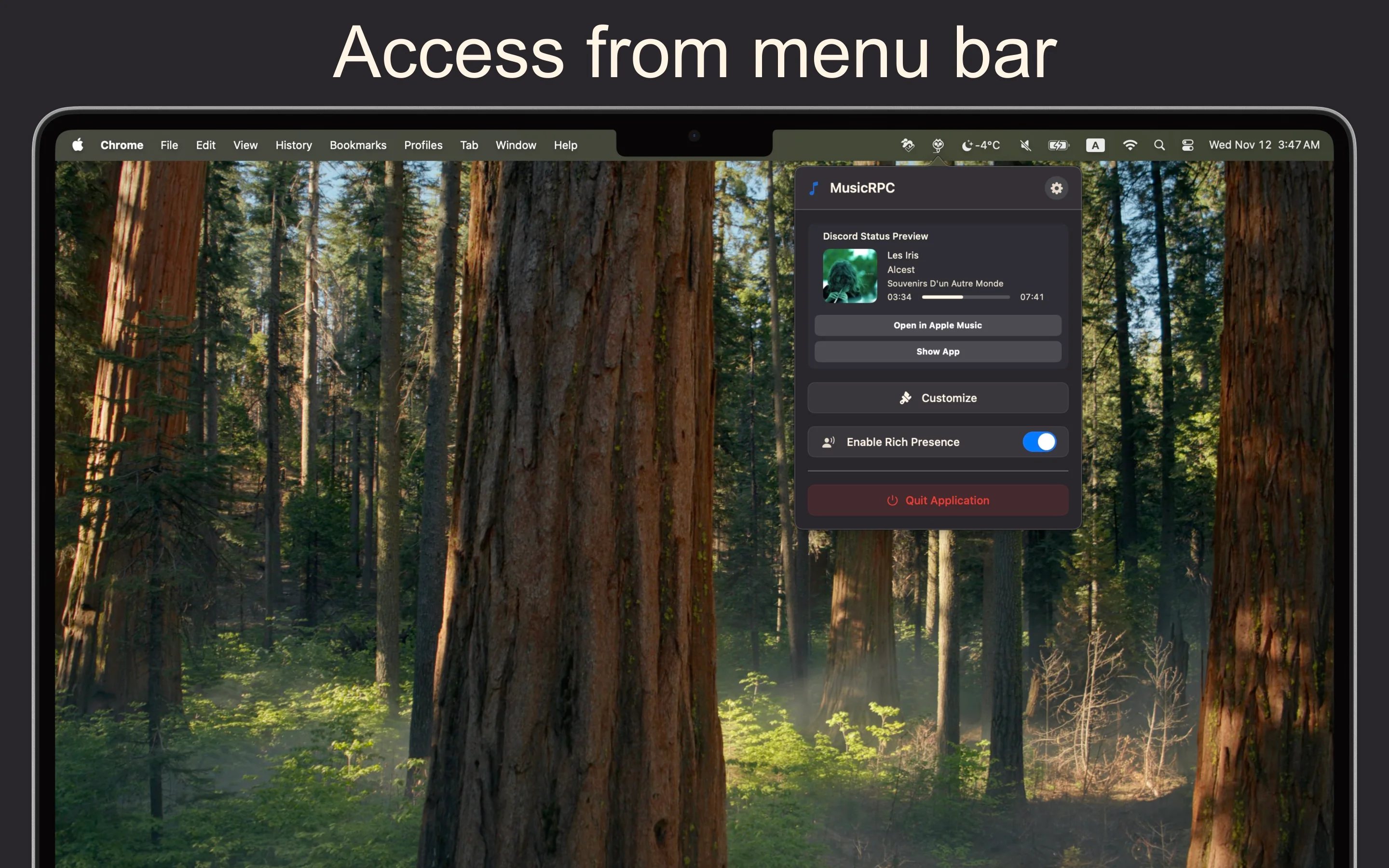 MusicRPC displaying real-time Apple Music track information in Discord status