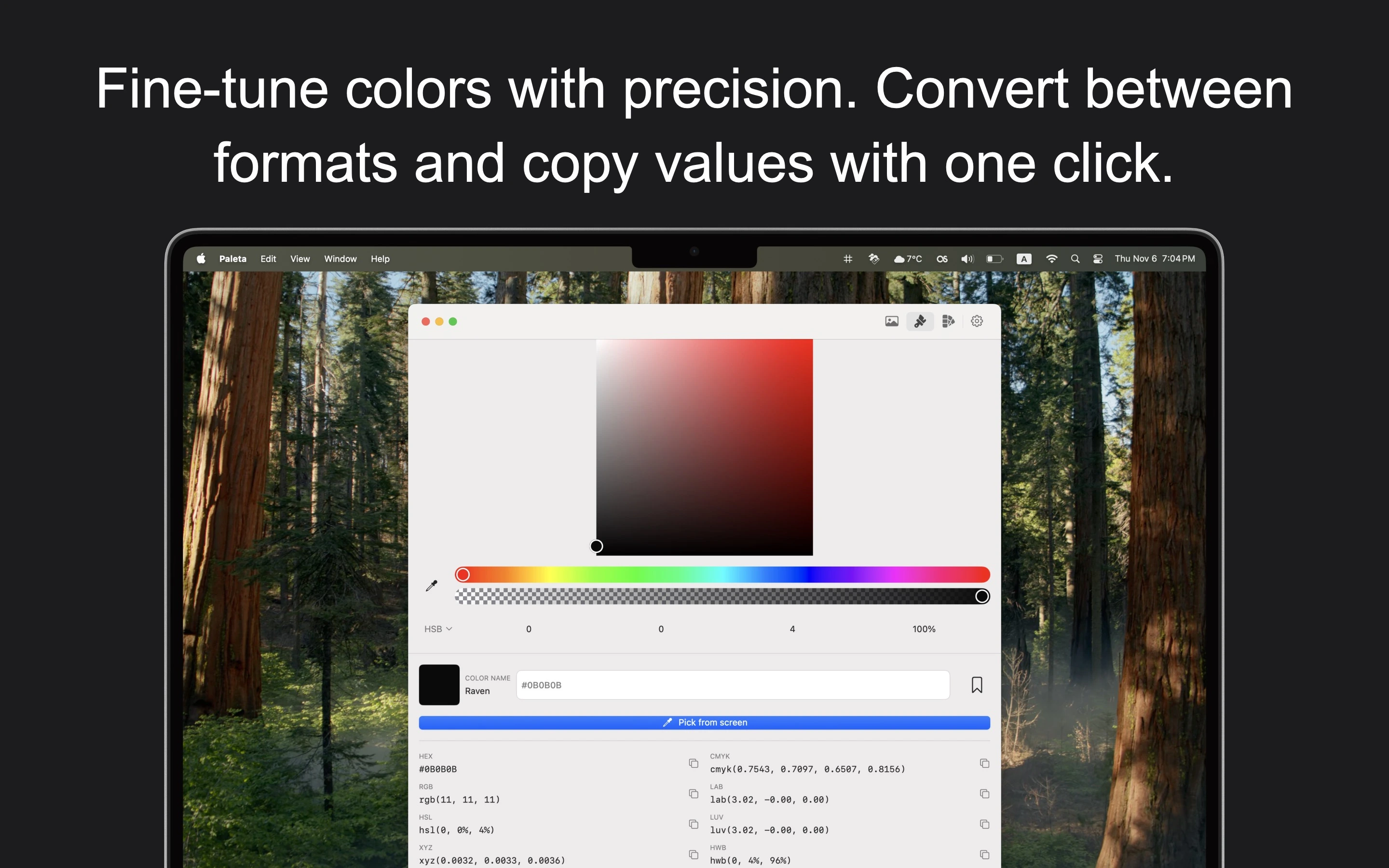 Paleta advanced color editor with RGB, HSL, and HSB sliders for precise color adjustment