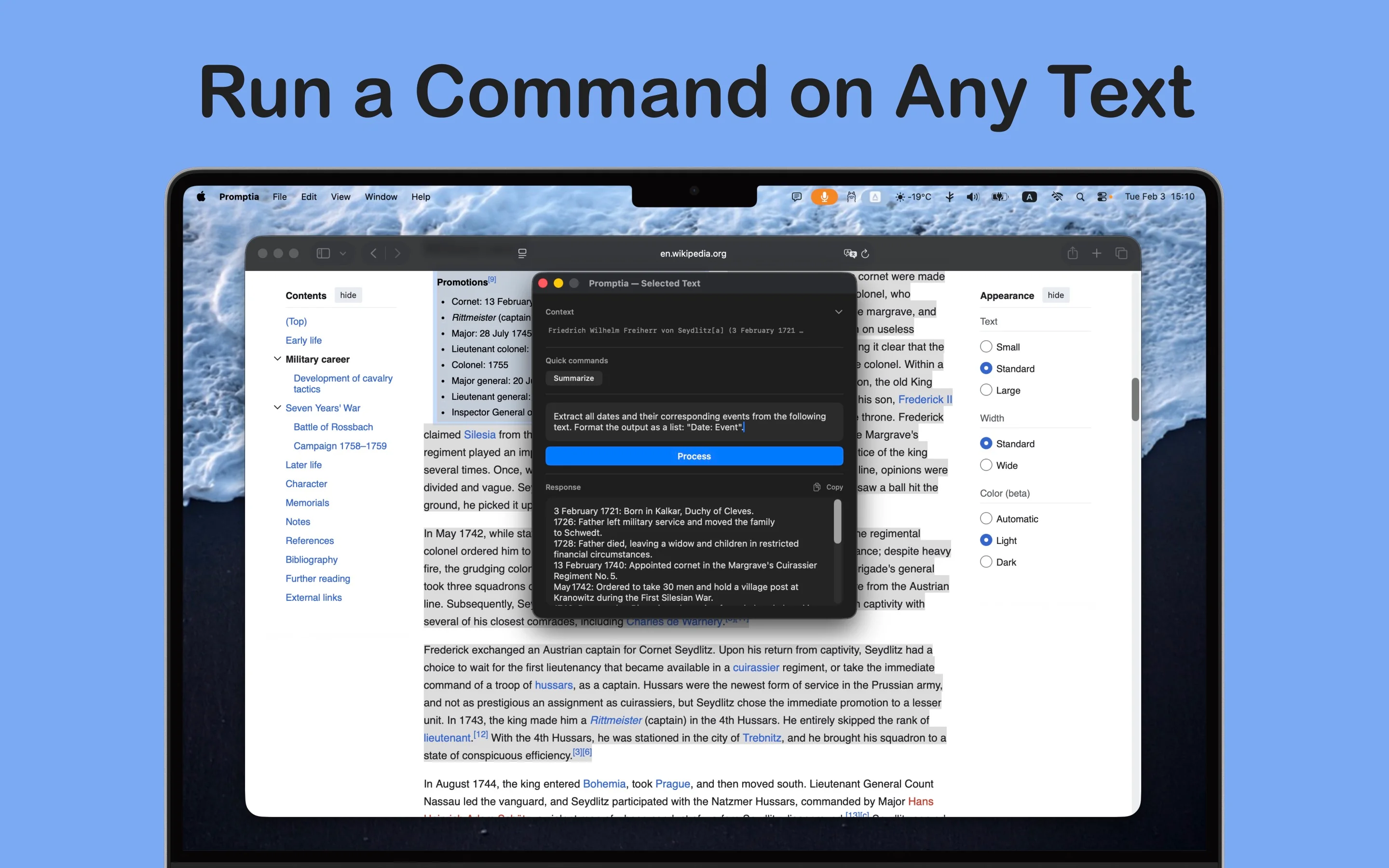 Promptia app - main interface with selected text