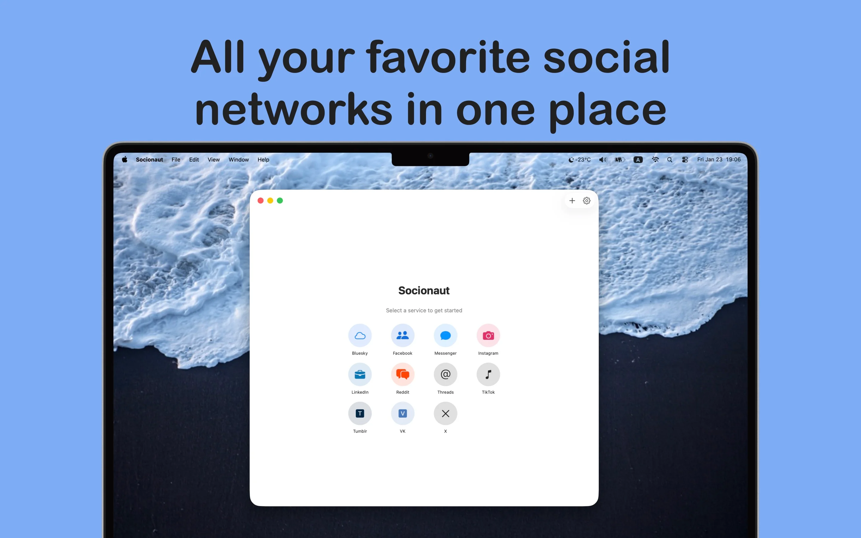 Socionaut split view interface showing multiple social networks side by side