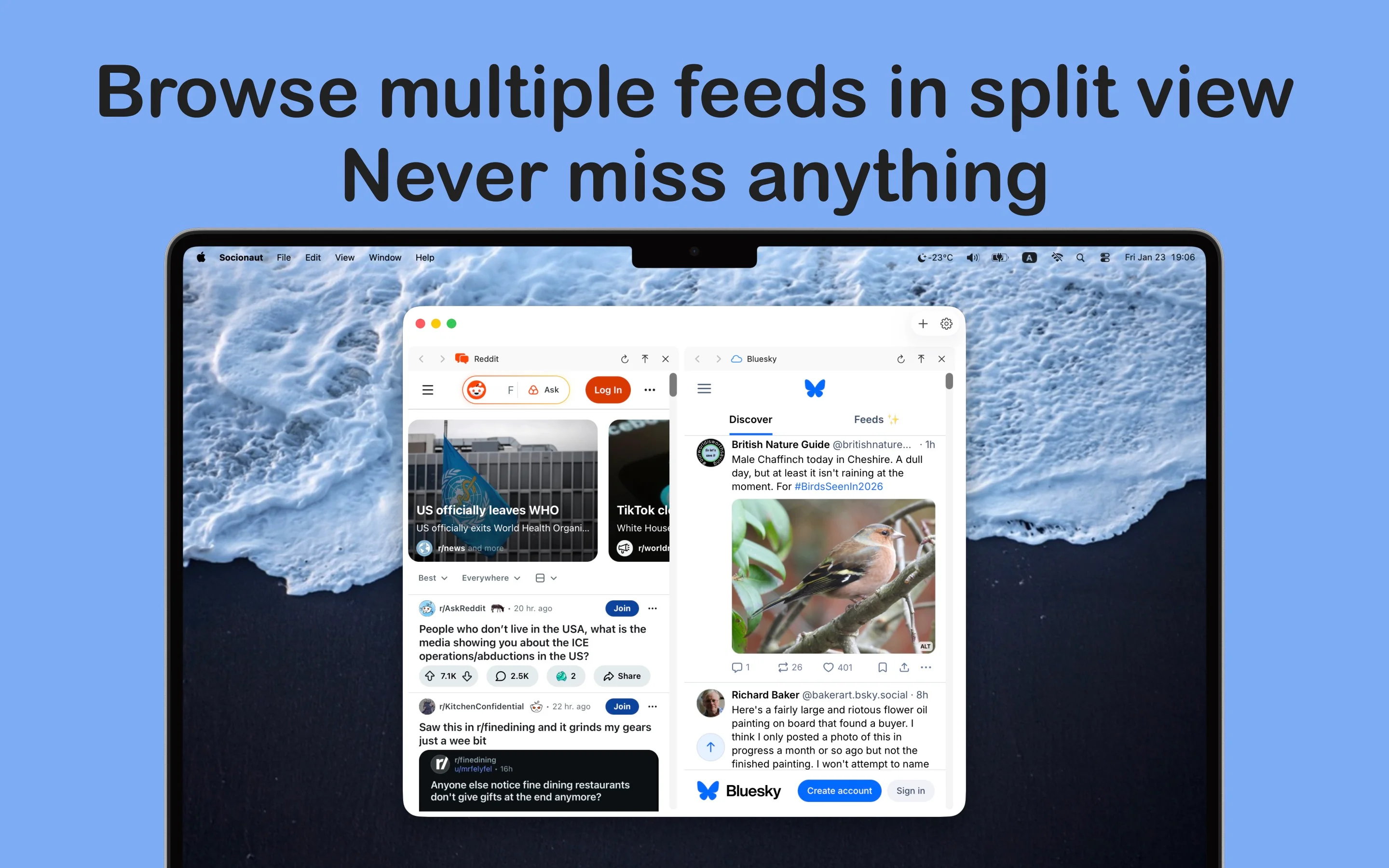 Socionaut interface with ad blocker enabled showing clean social media feeds