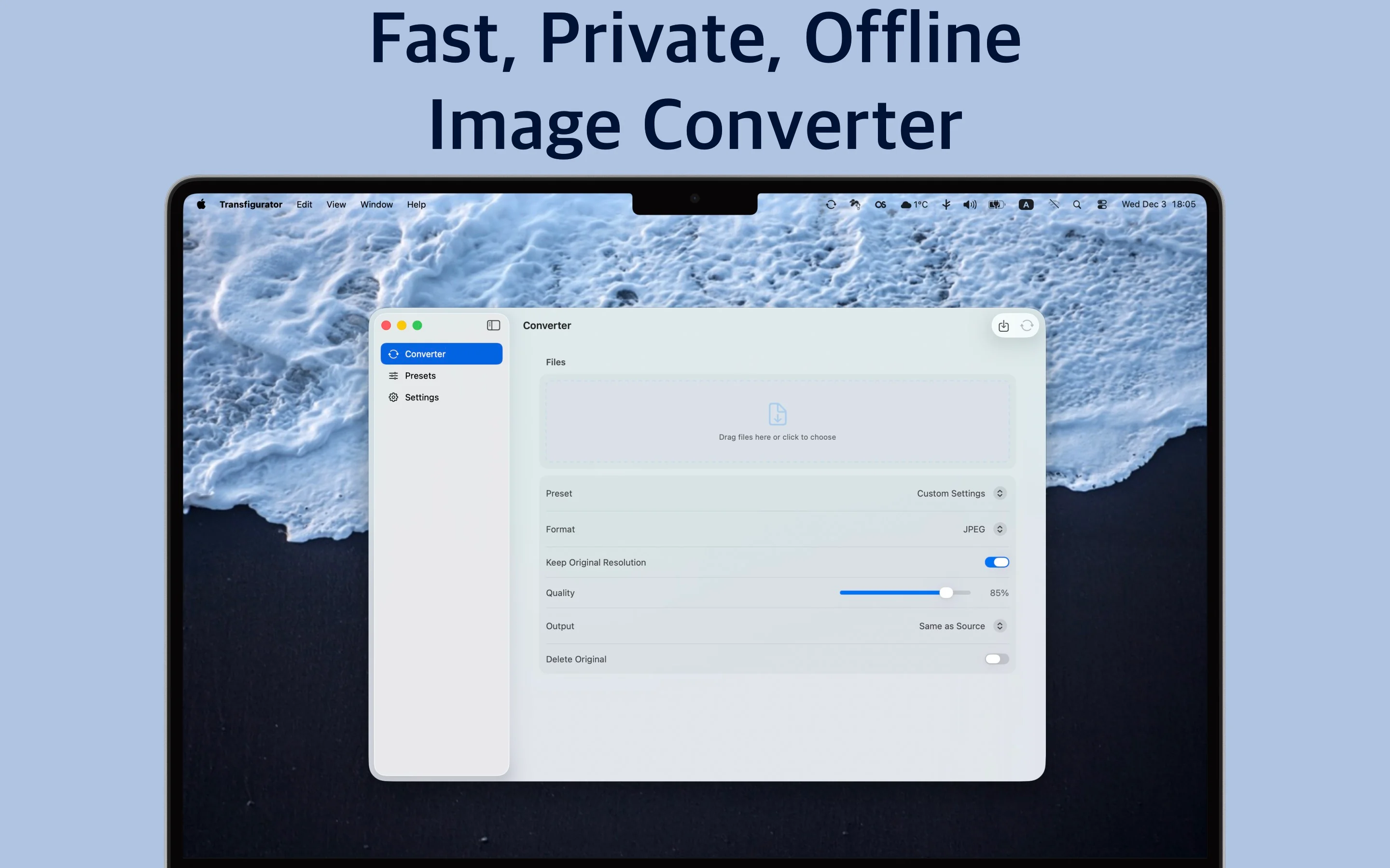 Transfigurator main interface showing image conversion options and format selection